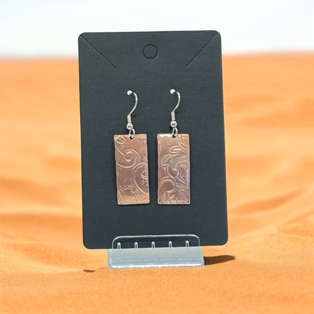 Artisan Etched Boho Copper Rectangle Earrings - image 2